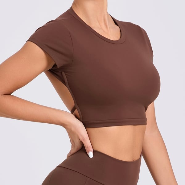 Backless Cross Strap Yoga Short Sleeve Top With Chest Pads