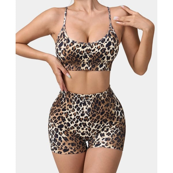 BREEHER Leopard printed Sling Shorts Two Piece Set Sports Suits