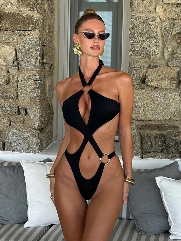 Sexy Solid Color Hollow Halter Neck One-piece Swimsuit Bodysuit
