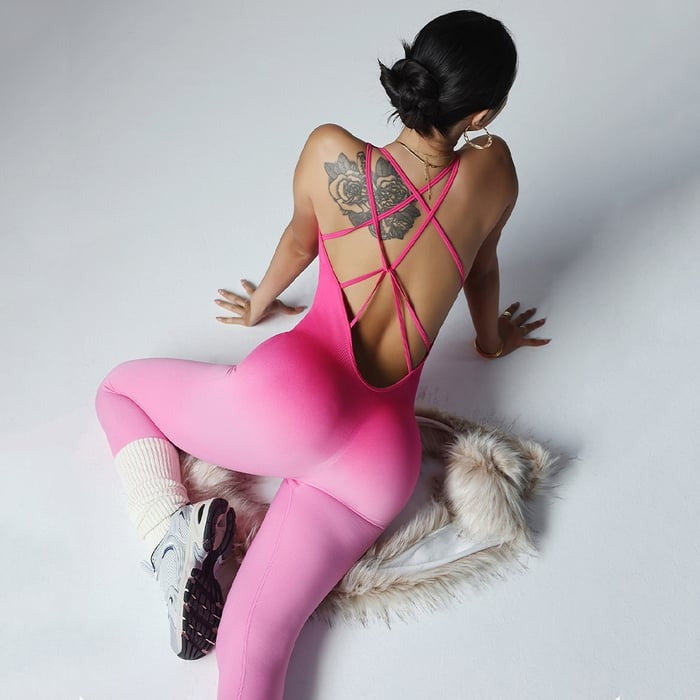 Gradient Cross Backless Fitness Sports Peach Hip One-piece Jumpsuit
