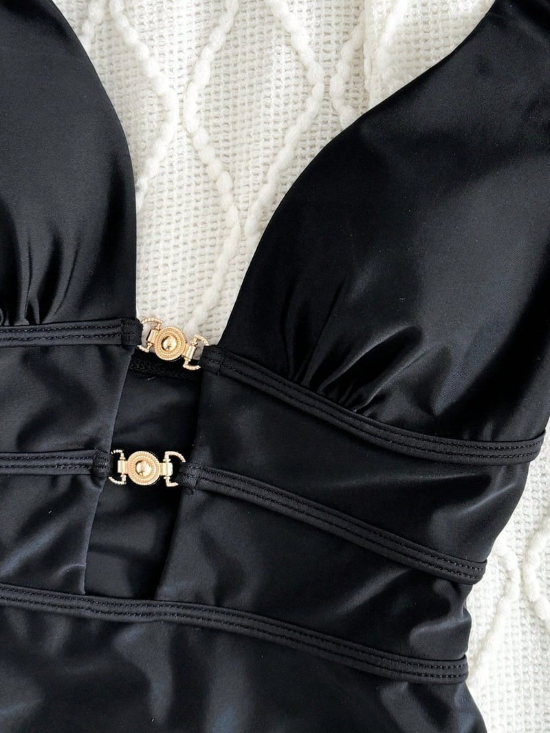 Black sexy hollow halterneck strap backless One Piece Swimsuit