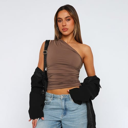 Solid Color One Shoulder Backless Smocked Tank Cropped Top