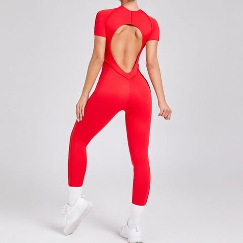 Reverse Line Sexy Backless Solid Color Short Sleeve Tight Jumpsuit