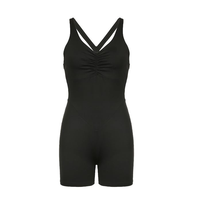 Pleated V-neck Cross-strap Yoga Jumpsuit Romper