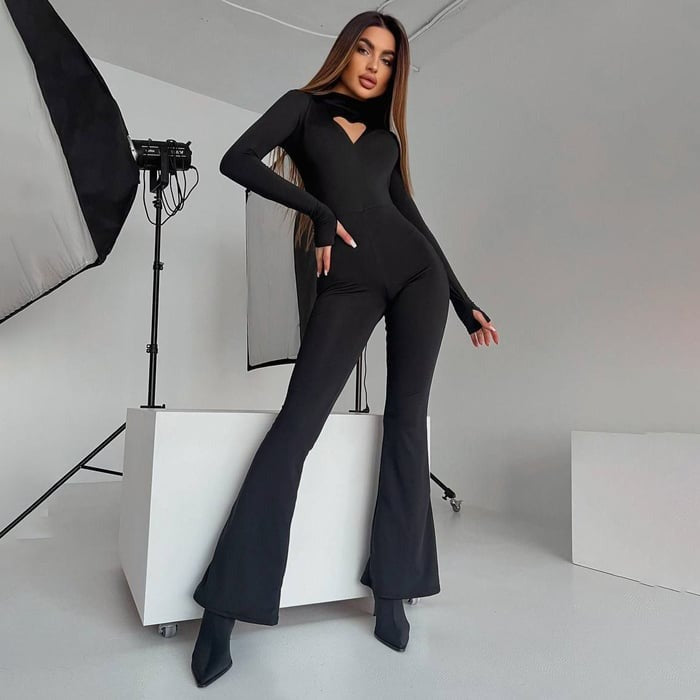 Sexy Heart Hollow Half Turtleneck Flared Jumpsuit