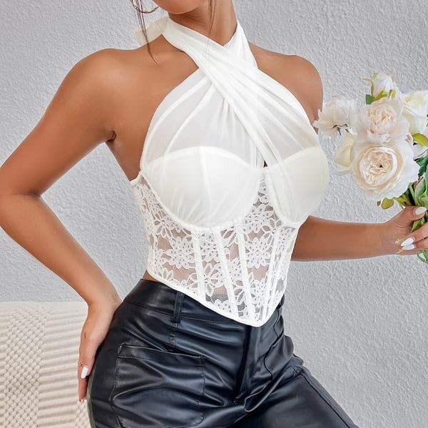 Sexy Lace Splice Halter Neck Tops