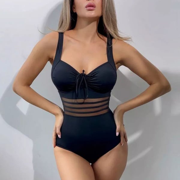 Classic Black Mesh Splice One Piece Swimsuit