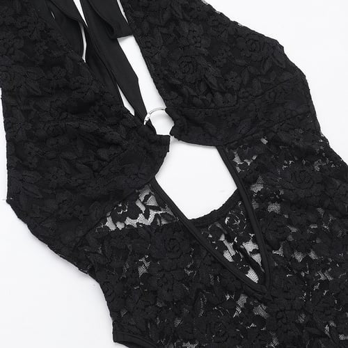 Sexy Lace Halter Neck Metal Ring Jumpsuit