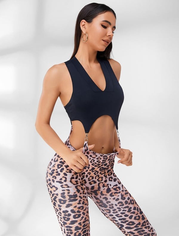 Female Leopard V Collar Hollow Out Jumpsuit
