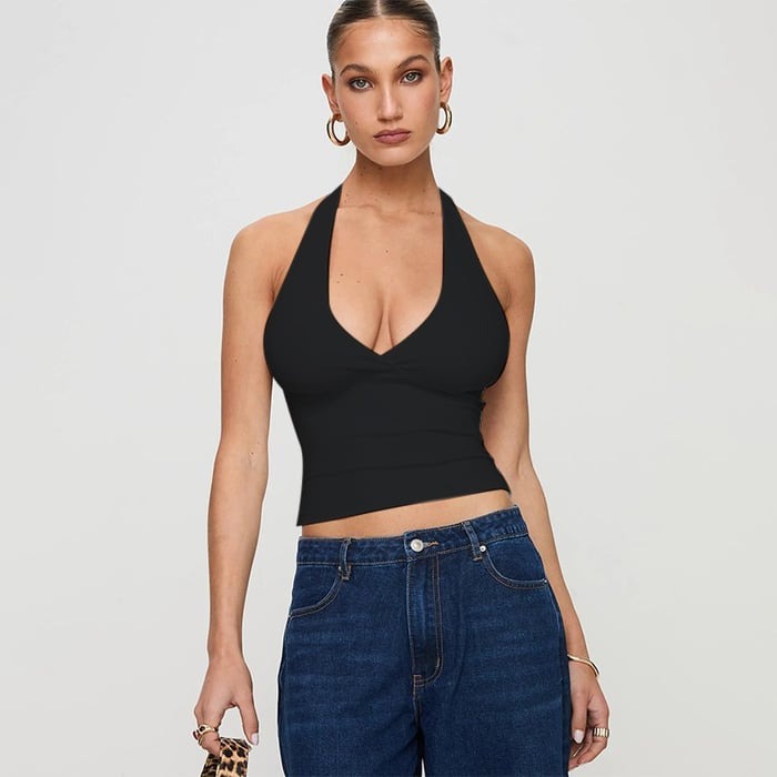 Sexy Deep V-neck Halter Neck Solid Color Cropped Top