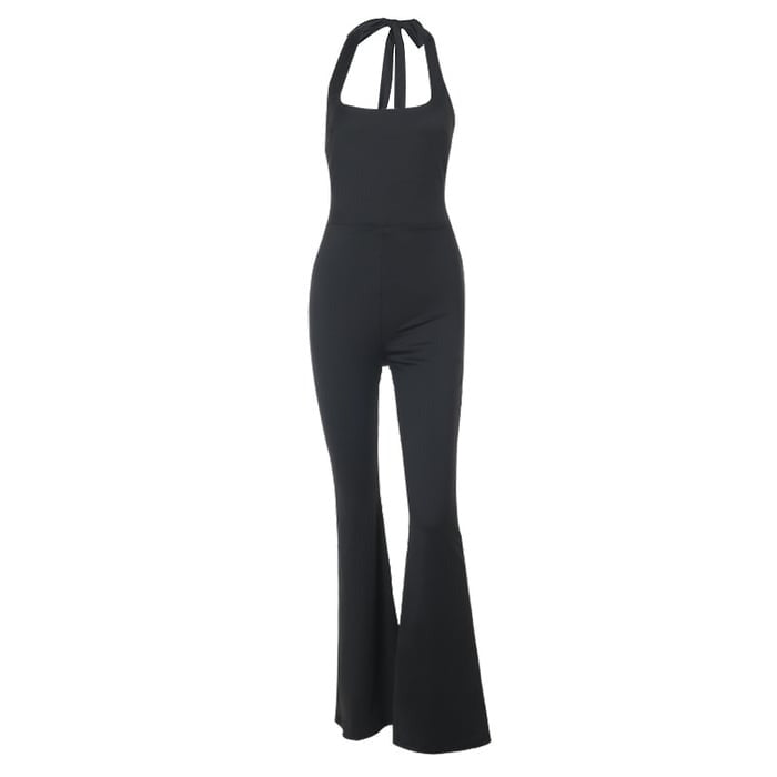 Sexy Halter Neck Solid Color Flared Jumpsuit