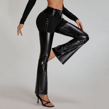 Female Faux Leather Metal Buttons Hip-lift Flare Leggings