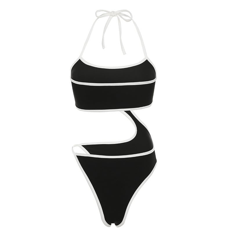 Contrast Panel Lace-Up Halter Bodysuit