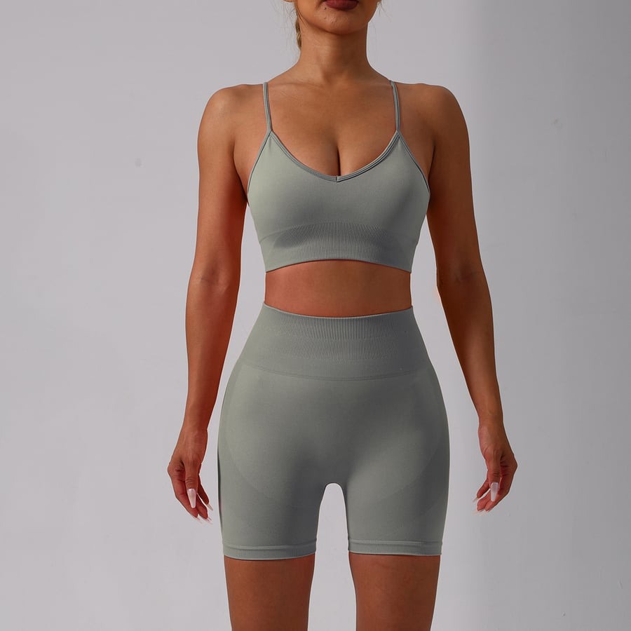Suspender Sports Bra & High Waist Peach Hip Yoga Shorts Set