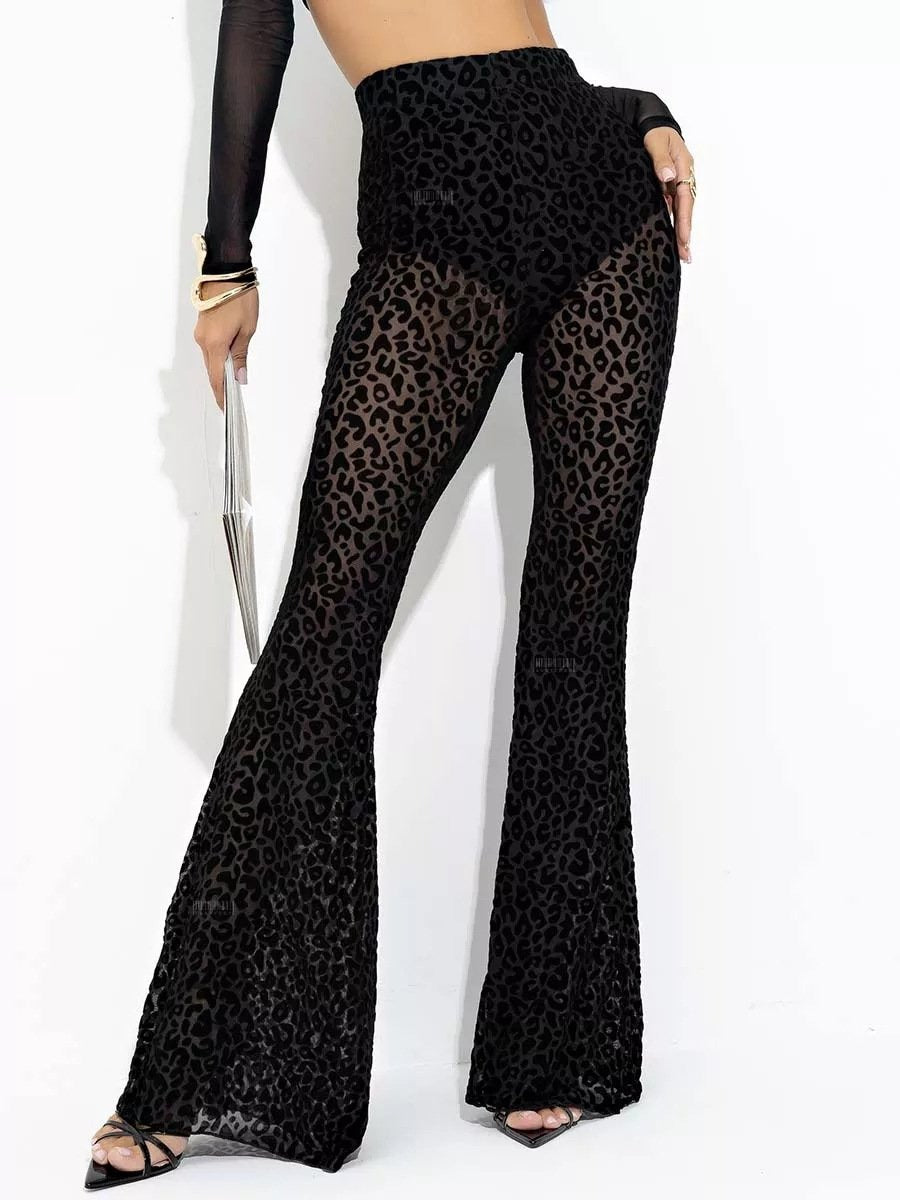 Sexy Mesh Flocking High Waist Flared Leggings