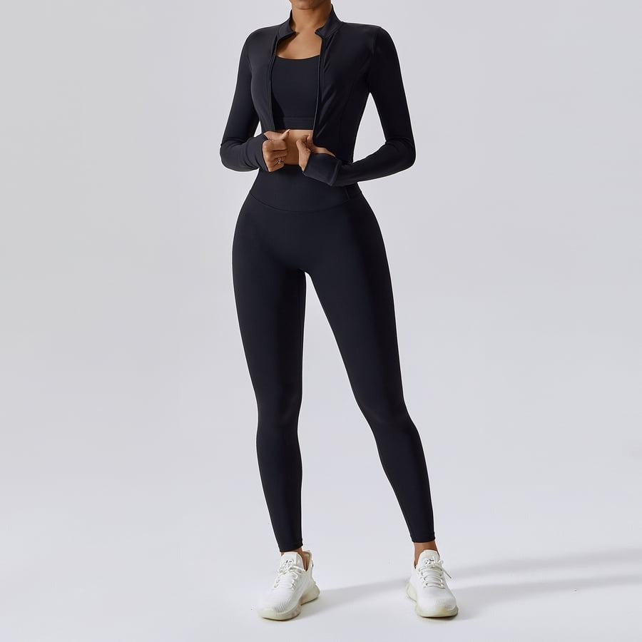 BREEHER Zipper Long Sleeves Leggings Three Piece Set Sports Suits