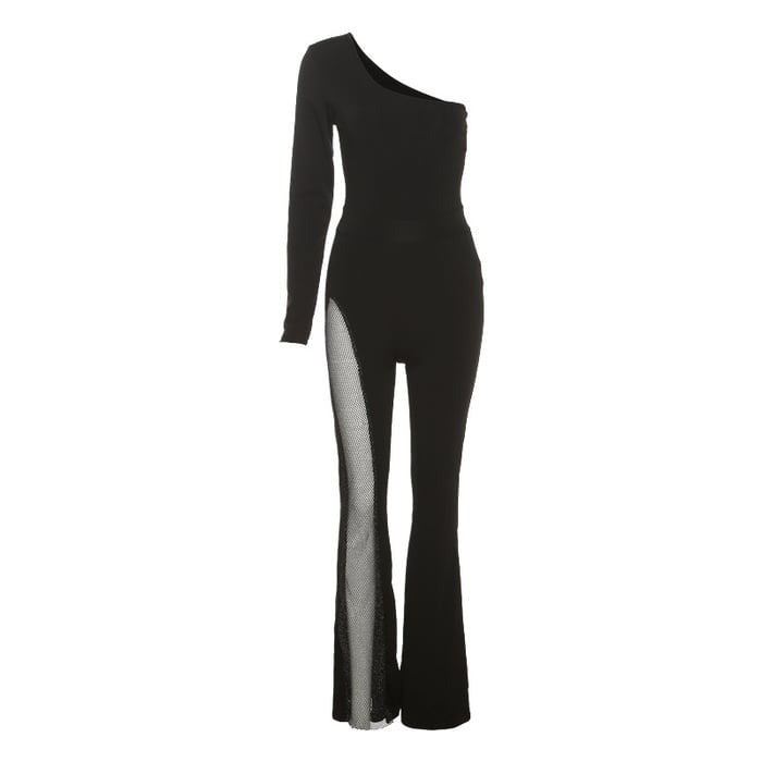 Sexy One-shoulder Long-sleeved Mesh Patchwork Flared Jumpsuit