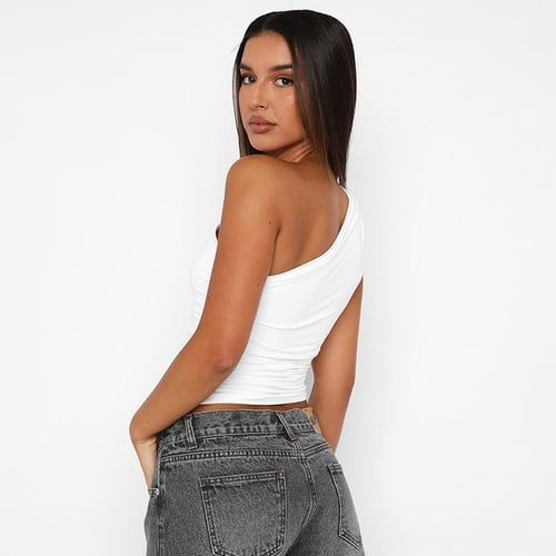 Solid Color One Shoulder Backless Smocked Tank Cropped Top