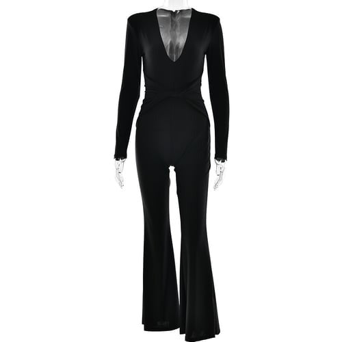Sexy Deep V Solid Color Slim Flared Jumpsuit