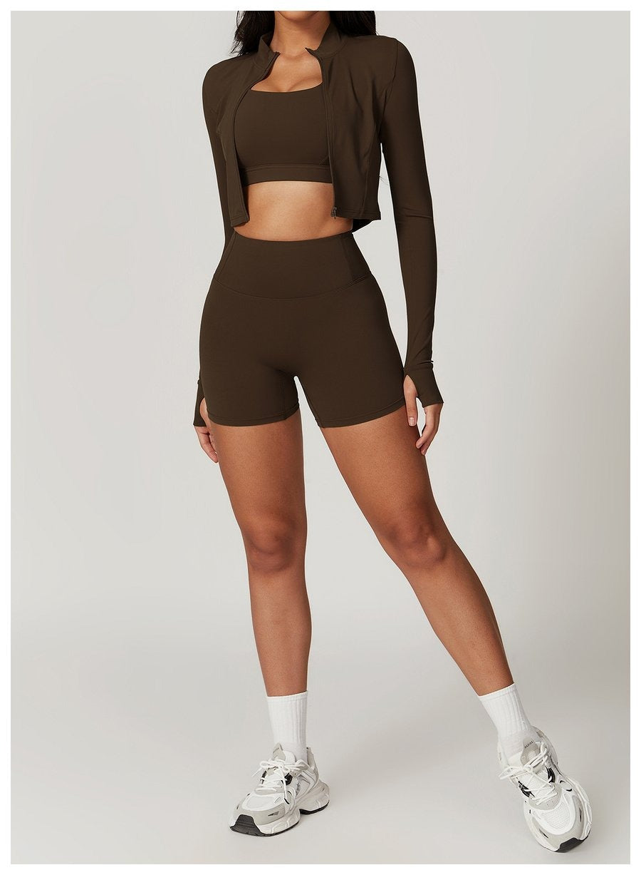 BREEHER Zipper Long Sleeves Shorts Three Piece Set Sports Suits