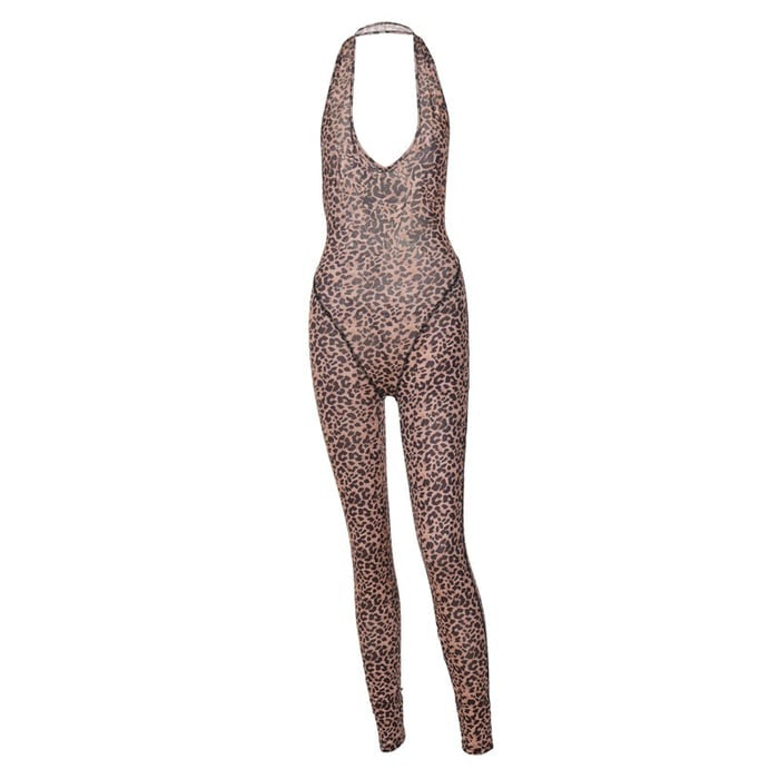 Sexy Leopard Print V-Neck Halter Jumpsuit