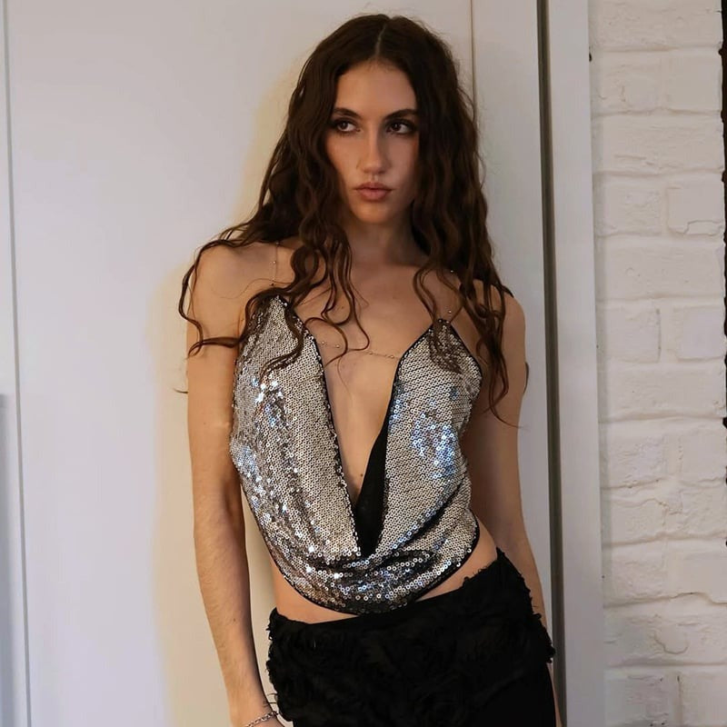 Sexy Sequin Chain Halter Backless Top