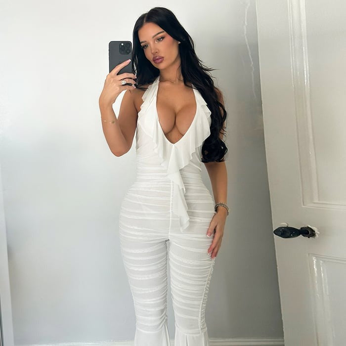 Halter Backless Deep V Ruffled Lace-up Flared Jumpsuit