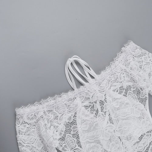 Sexy Lace Hllow Off-shoulder Lace-up Long-sleeved Jumpsuit Romper