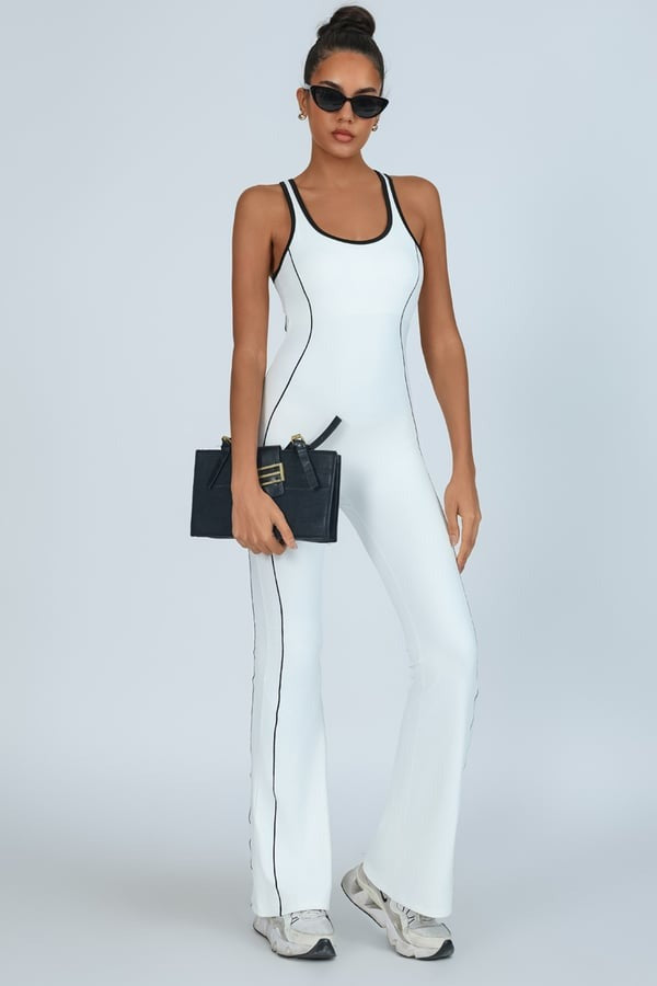 Backless Colorblock Nude Sports Fitness One-Piece Flared Jumpsuit with Chest Pad