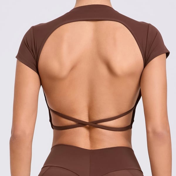 Backless Cross Strap Yoga Short Sleeve Top With Chest Pads