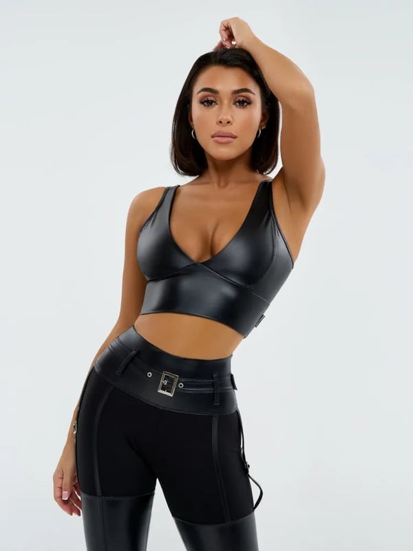 Sexy PU Deep V Cropped Yoga Bra Top