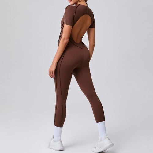 Reverse Line Sexy Backless Solid Color Short Sleeve Tight Jumpsuit