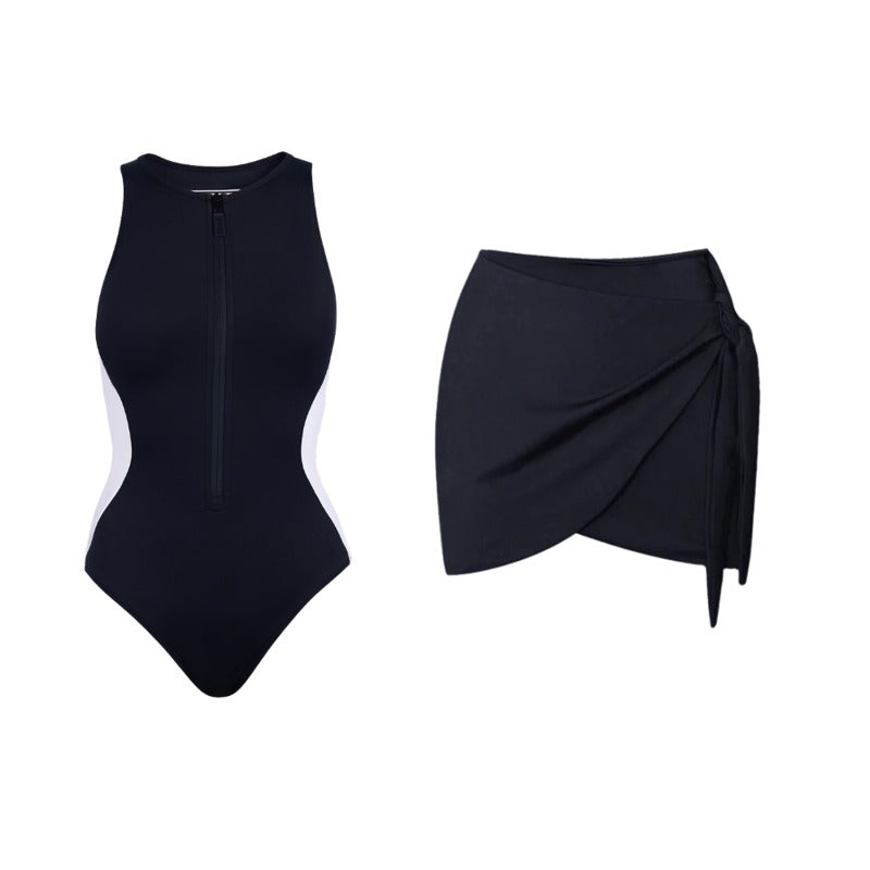 Tummy Control Black Sleeveless Functional Shaping One-Piece Swimsuit Set
