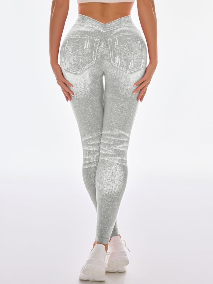 Peach Faux Denim Deep V Back Seamless Yoga Scrunch Bum Leggings