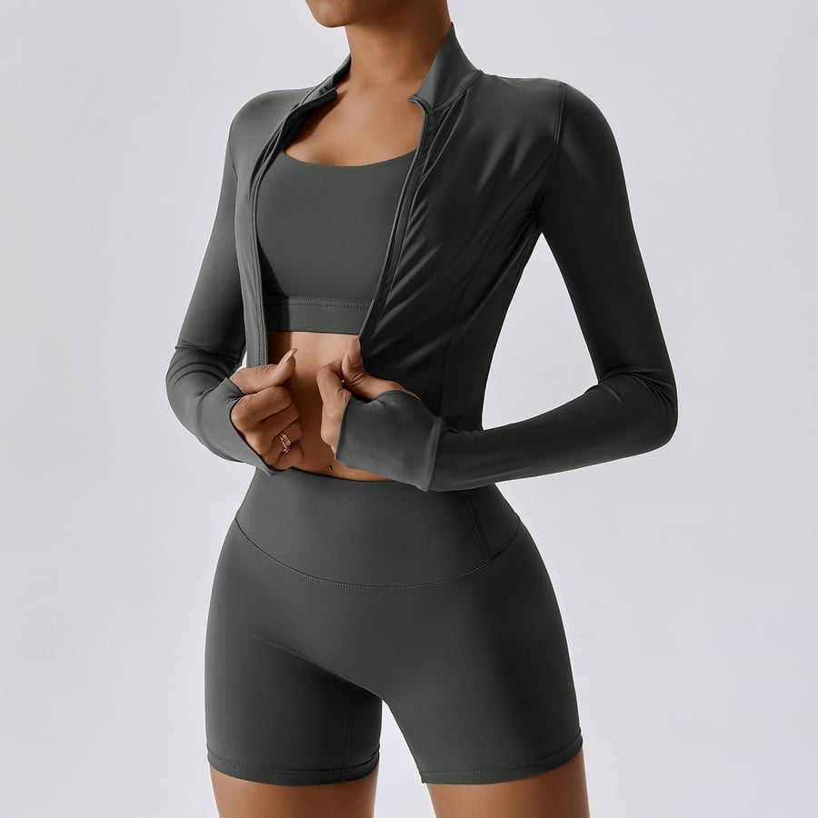 BREEHER Zipper Long Sleeves Shorts Three Piece Set Sports Suits