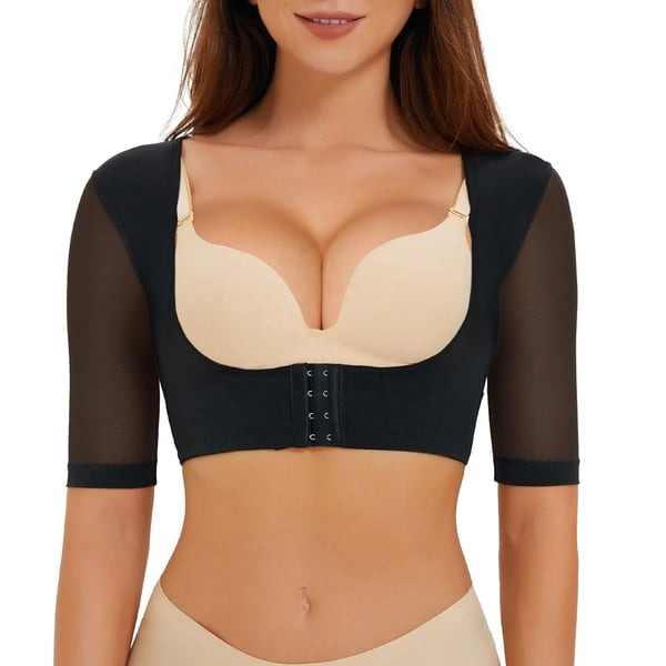 Adjustable Hook Eye U-neck Mesh 3/4 Sleeve Body Shaping Top