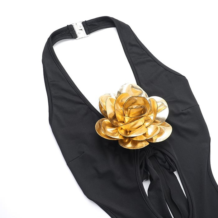 Deep V Halter Backless Strappy 3D Flower Jumpsuit
