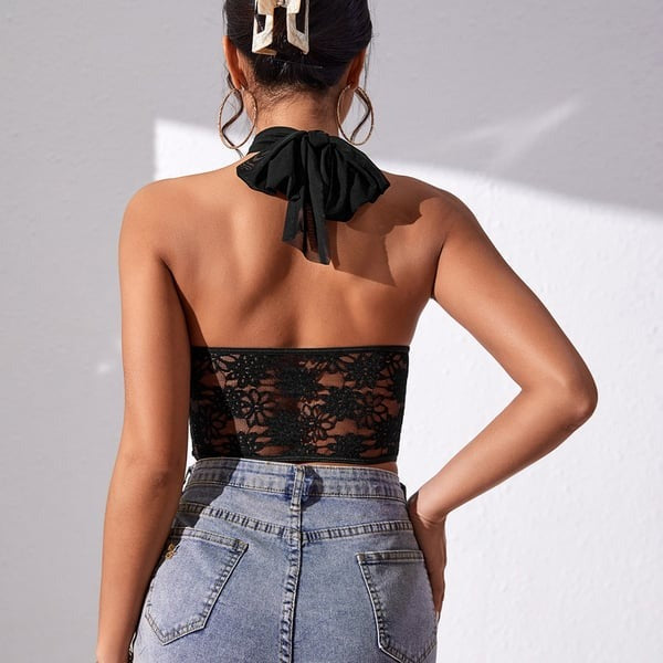 Sexy Lace Splice Halter Neck Tops