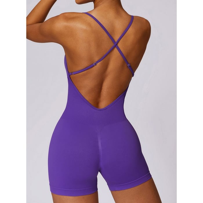BREEHER Cross Straps Ribbed Highly Elastic Shorts Jumpsuit