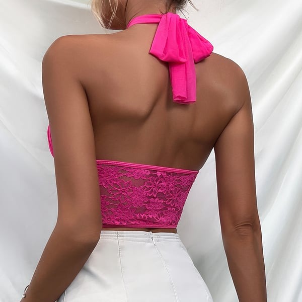 Sexy Lace Splice Halter Neck Tops