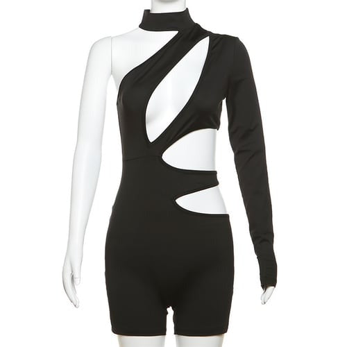 Sexy Solid Color Cut-out Hollow Halter Neck One-sleeve Jumpsuit