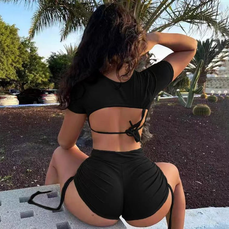 Sexy Strappy Backless Cropped Top & Drawstring Hip-lifting Shorts Set