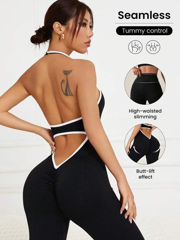 Contrast Color Seamless V Waist Backless Halter Peach Hip Fitness Yoga Jumpsuit