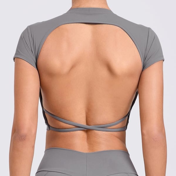Backless Cross Strap Yoga Short Sleeve Top With Chest Pads