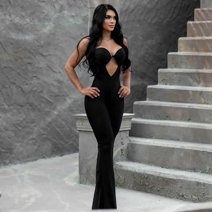 Sexy Hollow Sling Peach Hip-lifting Flared Jumpsuit