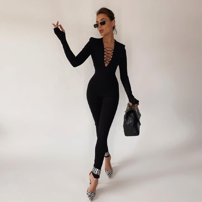 Sexy Hollow Cross Strap Long Sleeve Solid Color Jumpsuit