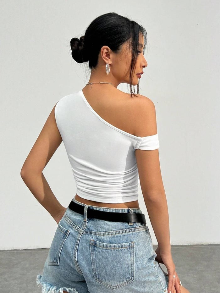 Sexy Off-shoulder Asymmetrical Solid Color Cropped Top