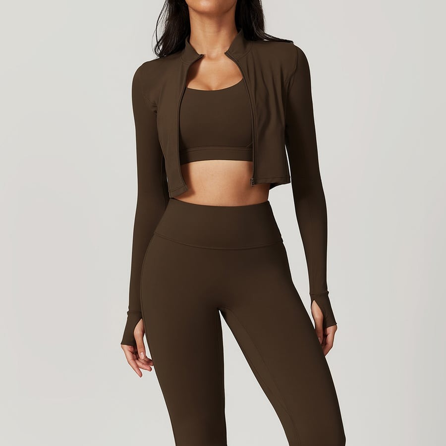 BREEHER Zipper Long Sleeves Leggings Three Piece Set Sports Suits