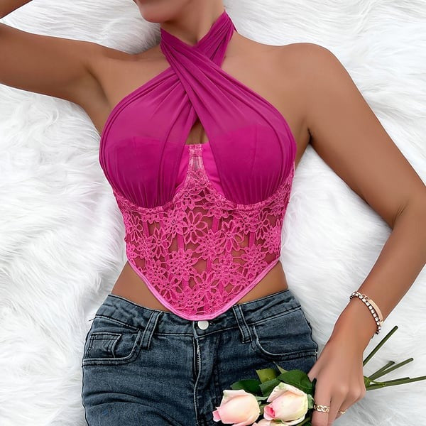 Sexy Lace Splice Halter Neck Tops