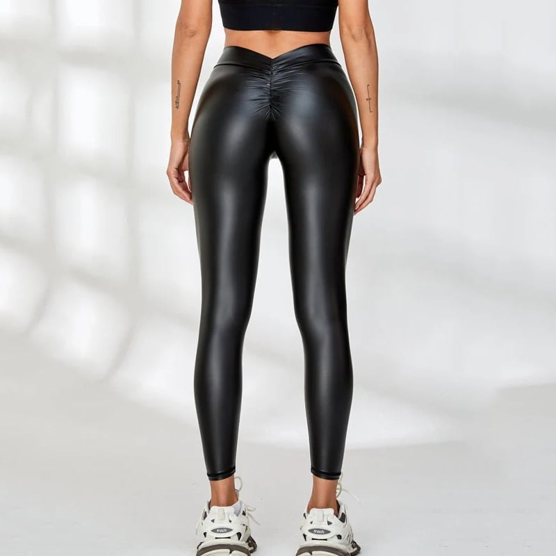 BREEHER Female Faux Leather Deep V Back Scrunch Bum Leggings